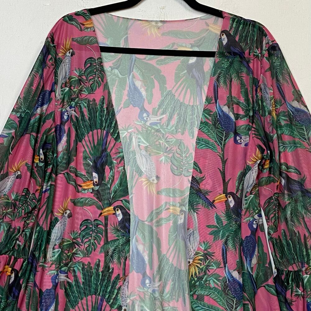 Pink Bird Swimsuit Cover Up Beach Cruise Open Front Bell Sleeves Size Small - Picture 2 of 10